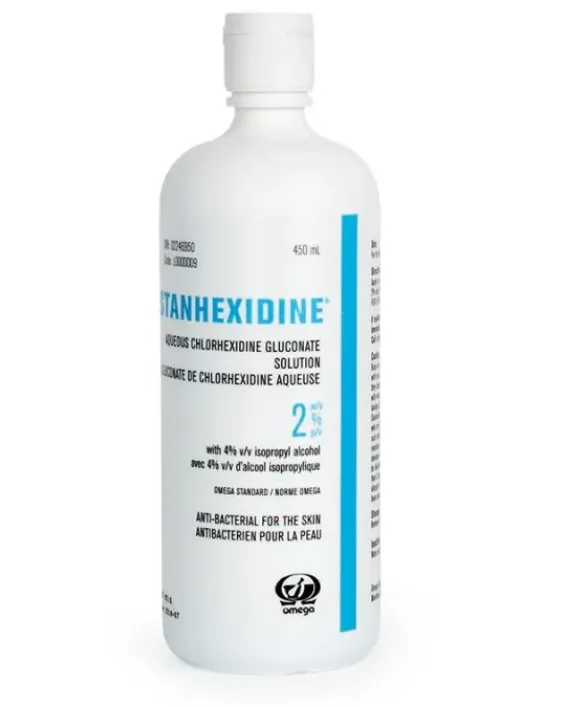 OMEGA® STANHEXIDINE® Solution de gluconate de chlorhexidine aqueuse CHG 2% + IPA 4% 4 % (Bouteille bleu) - Flip cap - 450 ml
