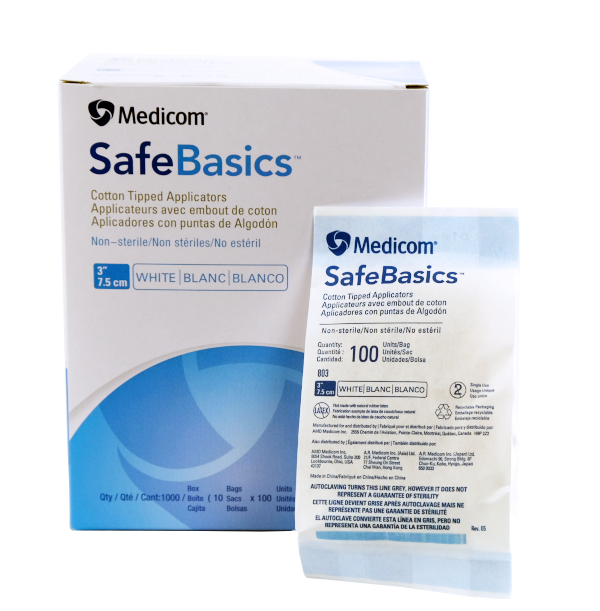 MEDICOM® SafeBasics ™ Applicators with cotton tip (cotton swab) - 3 "- Non-sterile (100) White