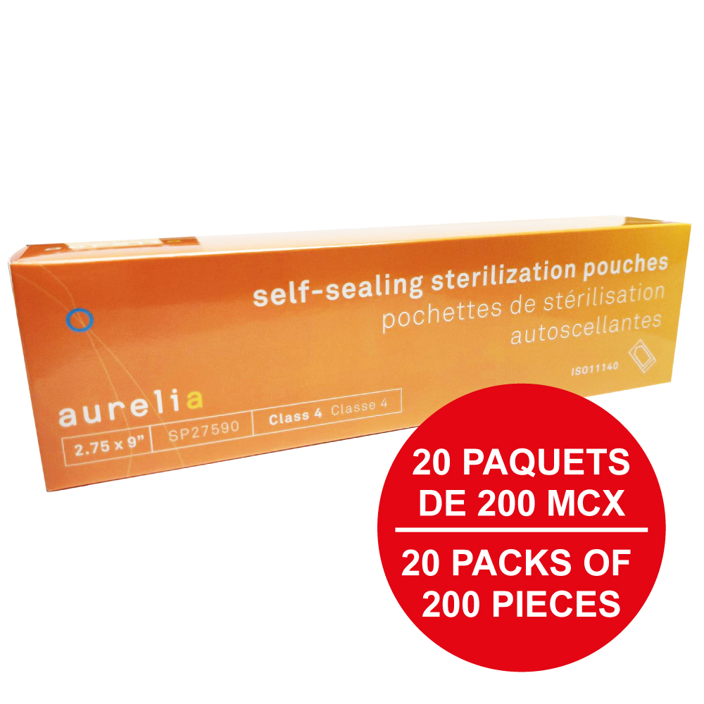 AURELIA® Pochettes de stérilisation autoscellantes - 2¾'' x 9'' (200) Bleu (Caisse de 20 paq.)
