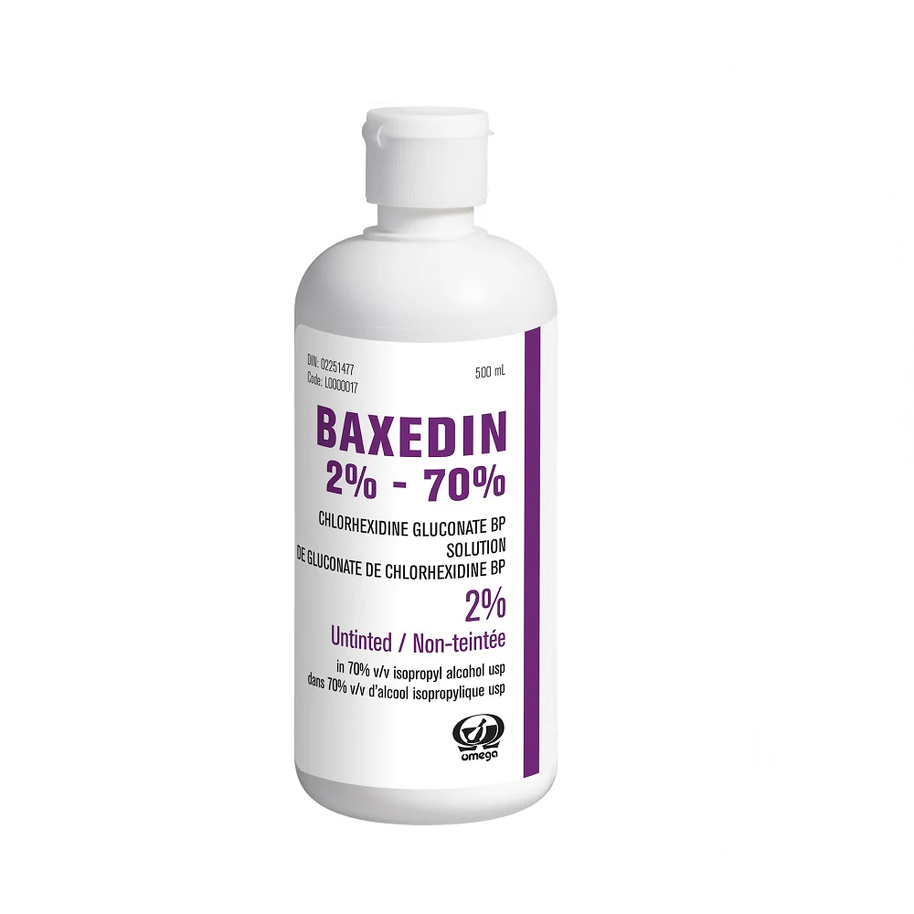 OMEGA® BAXEDIN® Solution de gluconate de chlorhexidine 2% dans 70% v/v d'alcool isopropylique (Bouteille mauve) Non-teintée - 500ml