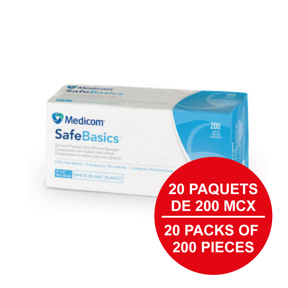 MEDICOM SafeBasics® Compresses non-tissées tout usage - 4 épaisseurs 3" x 3" (200) - Blanc