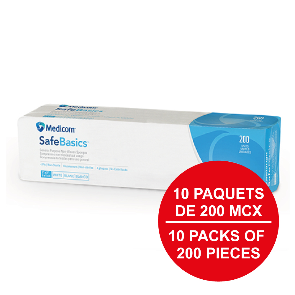 [5MED2100-CH-1] MEDICOM® SafeBasics™ Compresses non-tissées tout usage - 4 épaisseurs 4" x 4" - Blanc (1)