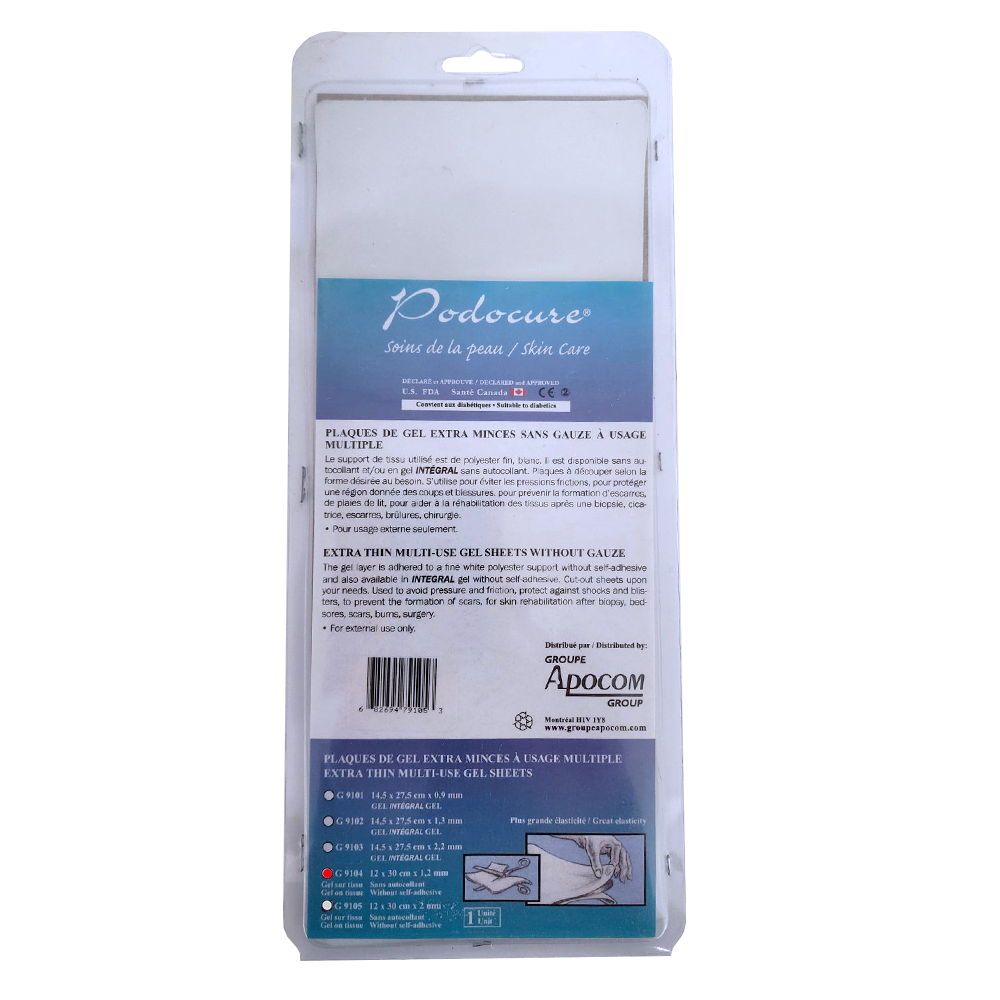 PODOCURE® Plaque de gel sur tissu extra-mince à usage multiple (12 cm x 30 cm x 1,2 mm)