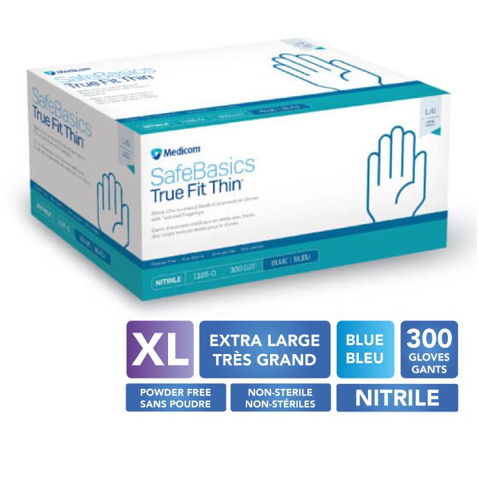 MEDICOM® SafeBasics™ True Fit Thin™ Powder Free Textured Nitrile Gloves - X-Large (300) Blue