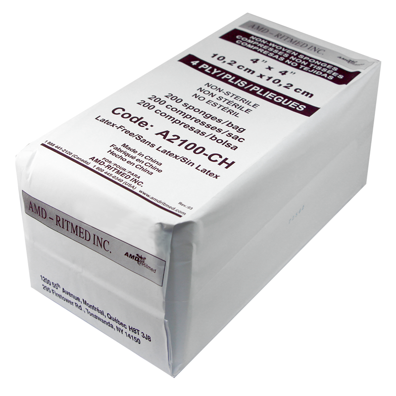 MASTER AMD Ritmed® Compresses non-tissées tout usage - 4 épaisseurs - 4"x4" (200) Blanc