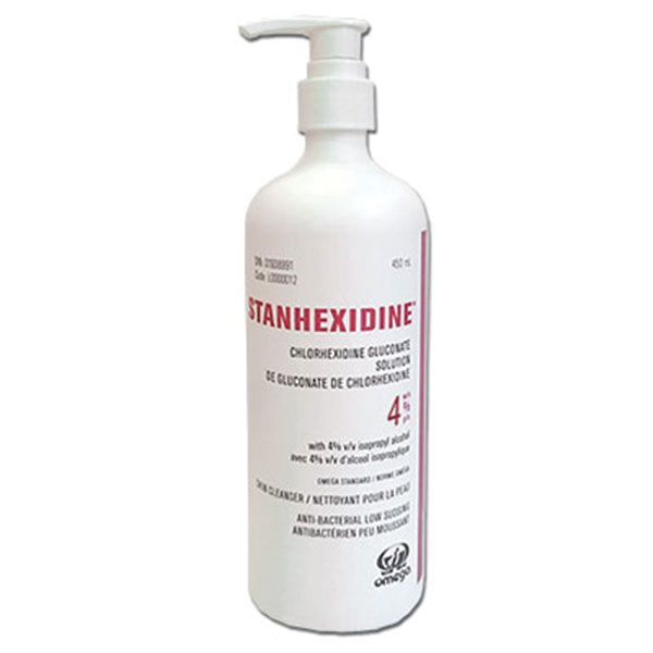 [41287] OMEGA® STANHEXIDINE® Solution de gluconate de chlorhexidine CHG 4% + IPA 4% (Bouteille rouge) - Pompe - 450 ml
