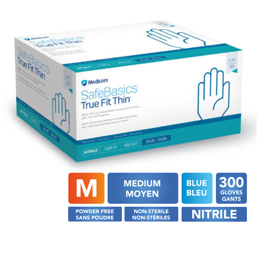 [5MED1185C MOYEN-BLEU] MEDICOM® SafeBasics™ True Fit Thin™ Powder Free Textured Nitrile Gloves - Medium (300) Blue