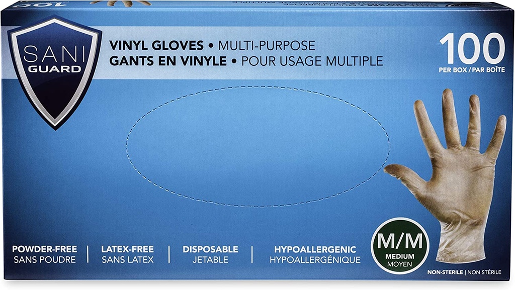 [5MG831M] SANIGUARD® Non-Medical Powder Free Vinyl Gloves - Medium (100) Clear