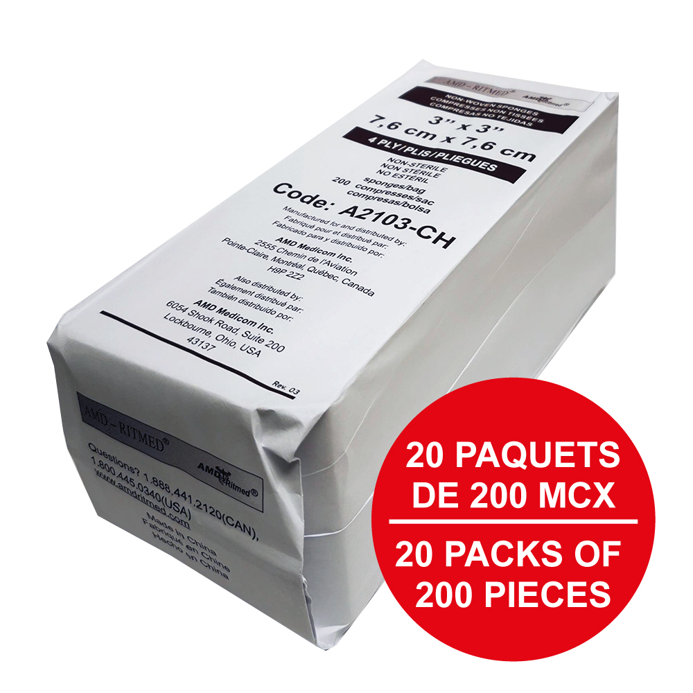 AMD Ritmed® Compresses non-tissées tout usage - 4 épaisseurs 3" x 3" (200) - Blanc