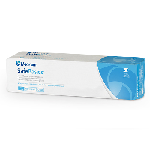 [5MED2101-CH] MEDICOM SafeBasics® Compresses non-tissées tout usage - 4 épaisseurs - 2" x 2" (200) Blanc