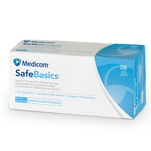 [5MED2100-CH] MEDICOM SafeBasics® Compresses non-tissées tout usage - 4 épaisseurs - 4" x 4" (200) Blanc